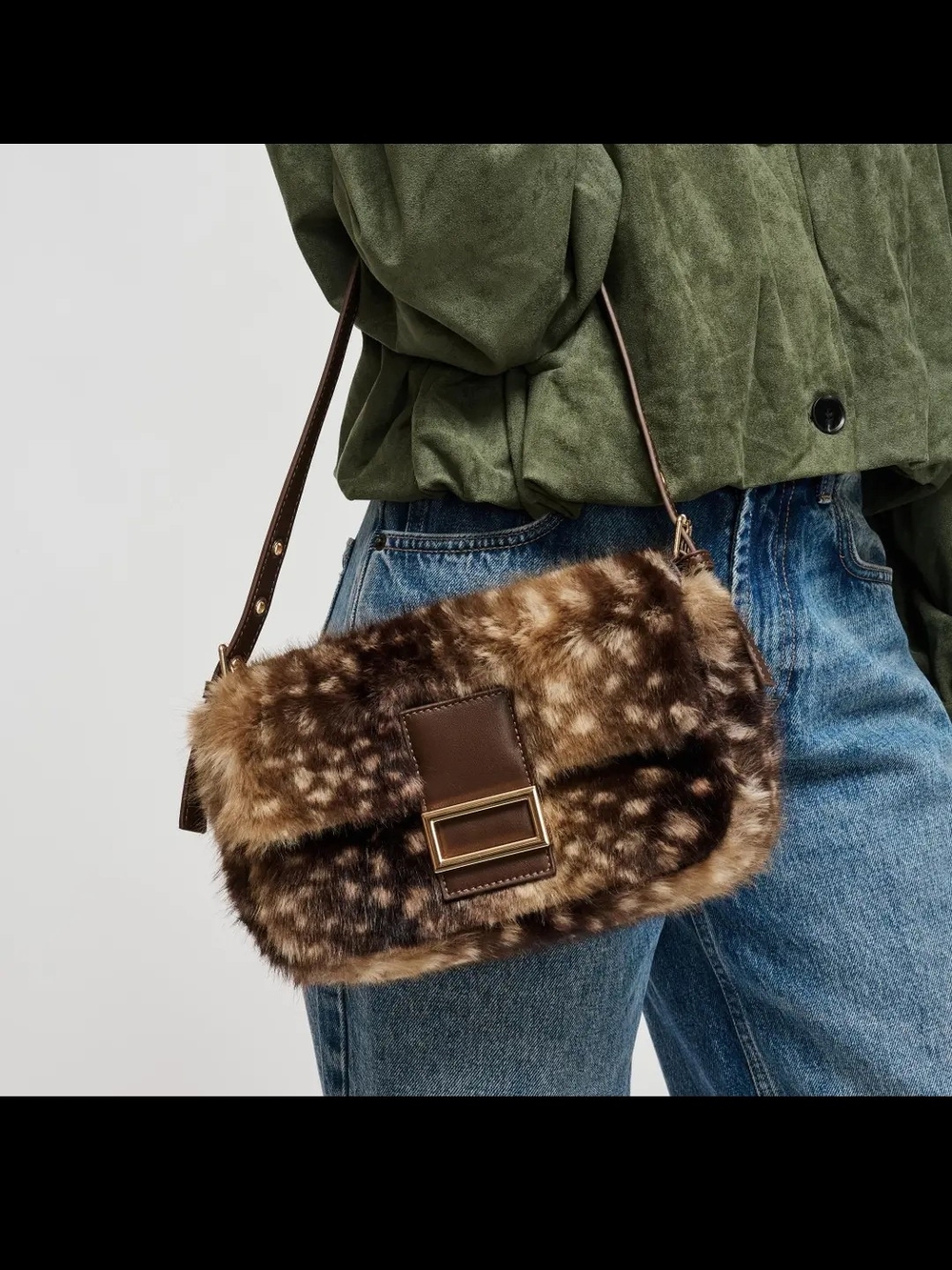 Urban Expressions Brown Faux-Fur Shoulder Bag with Gold Buckle